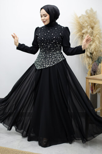 Şifon Etekli Taşlı Tesettür Abiye TSD260199 Siyah - Tesettür Dünyası