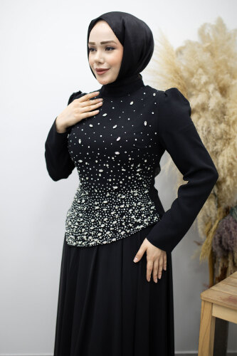 Şifon Etekli Taşlı Tesettür Abiye TSD260199 Siyah - Tesettür Dünyası (1)