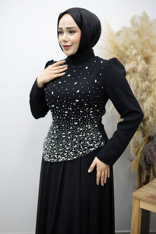 Şifon Etekli Taşlı Tesettür Abiye TSD260199 Siyah - Tesettür Dünyası (1)