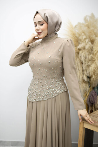 Şifon Etekli Taşlı Tesettür Abiye TSD260199 Vizon - Tesettür Dünyası (1)