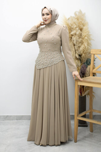 Şifon Etekli Taşlı Tesettür Abiye TSD260199 Vizon - Tesettür Dünyası