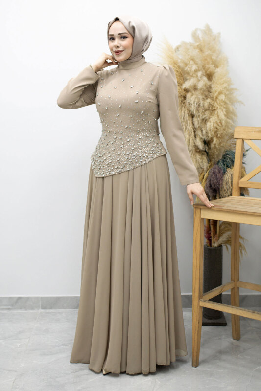 Şifon Etekli Taşlı Tesettür Abiye TSD260199 Vizon - Tesettür Dünyası