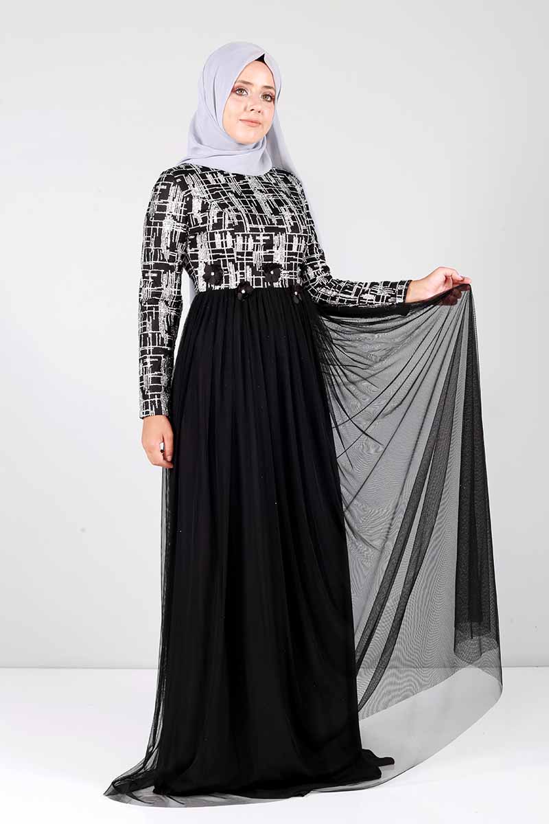 Tesettür Dünyası - Silvery Floral Evening Dress INS999 Black