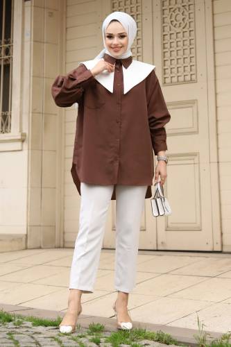 Sivri Yaka Feride Gömlek TSD240220 Kahverengi 