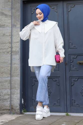 Sivri Yaka Feride Gömlek TSD240220 Krem 