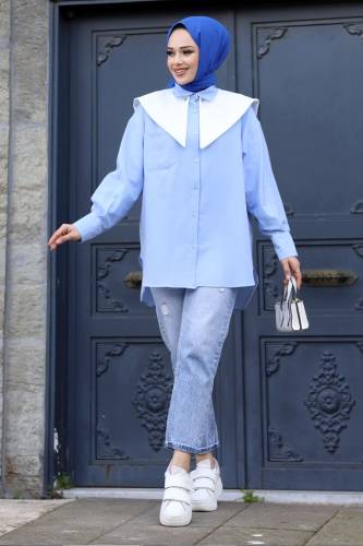 Sivri Yaka Feride Gömlek TSD240220 Mavi 