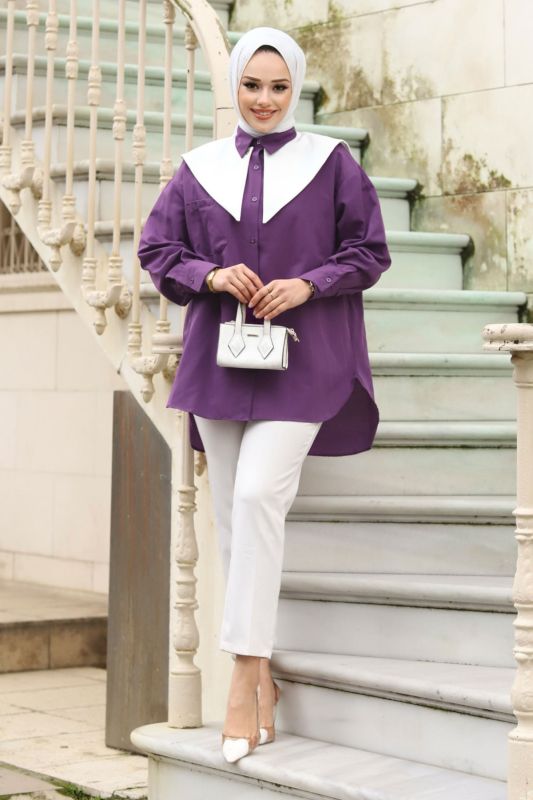 Sivri Yaka Feride Gömlek TSD240220 Mor - 3