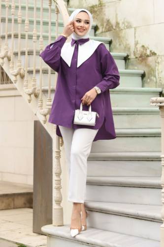 Sivri Yaka Feride Gömlek TSD240220 Mor - 4
