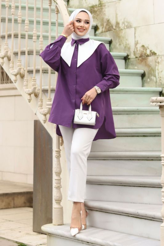 Sivri Yaka Feride Gömlek TSD240220 Mor - 4