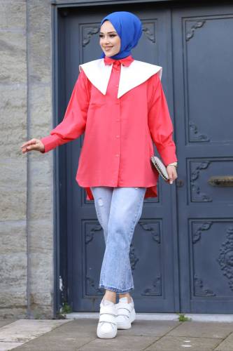 Sivri Yaka Feride Gömlek TSD240220 Nar Çiçeği 