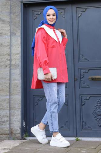 Sivri Yaka Feride Gömlek TSD240220 Nar Çiçeği - 4