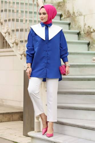 Sivri Yaka Feride Gömlek TSD240220 Saks Mavisi 