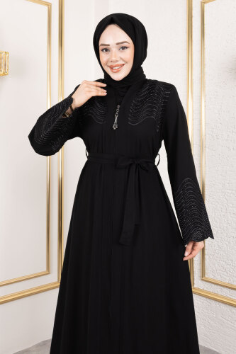 Beli Kuşaklı İşlemeli Abaya TSD250148 Siyah - Tesettür Dünyası (1)