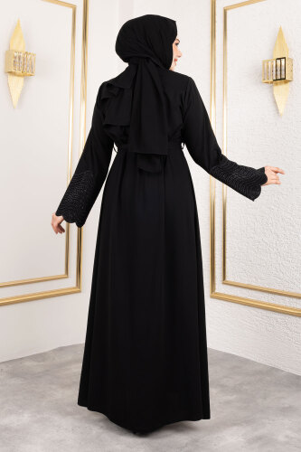 Beli Kuşaklı İşlemeli Abaya TSD250148 Siyah - 5