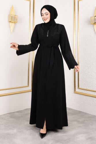 Beli Kuşaklı İşlemeli Abaya TSD250148 Siyah - Tesettür Dünyası
