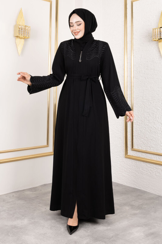 Beli Kuşaklı İşlemeli Abaya TSD250148 Siyah - Tesettür Dünyası