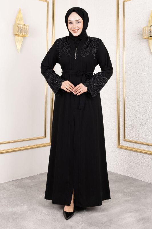 Beli Kuşaklı İşlemeli Abaya TSD250148 Siyah - 3