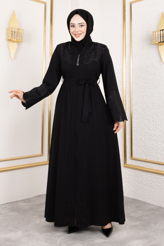 Beli Kuşaklı İşlemeli Abaya TSD250148 Siyah - 4