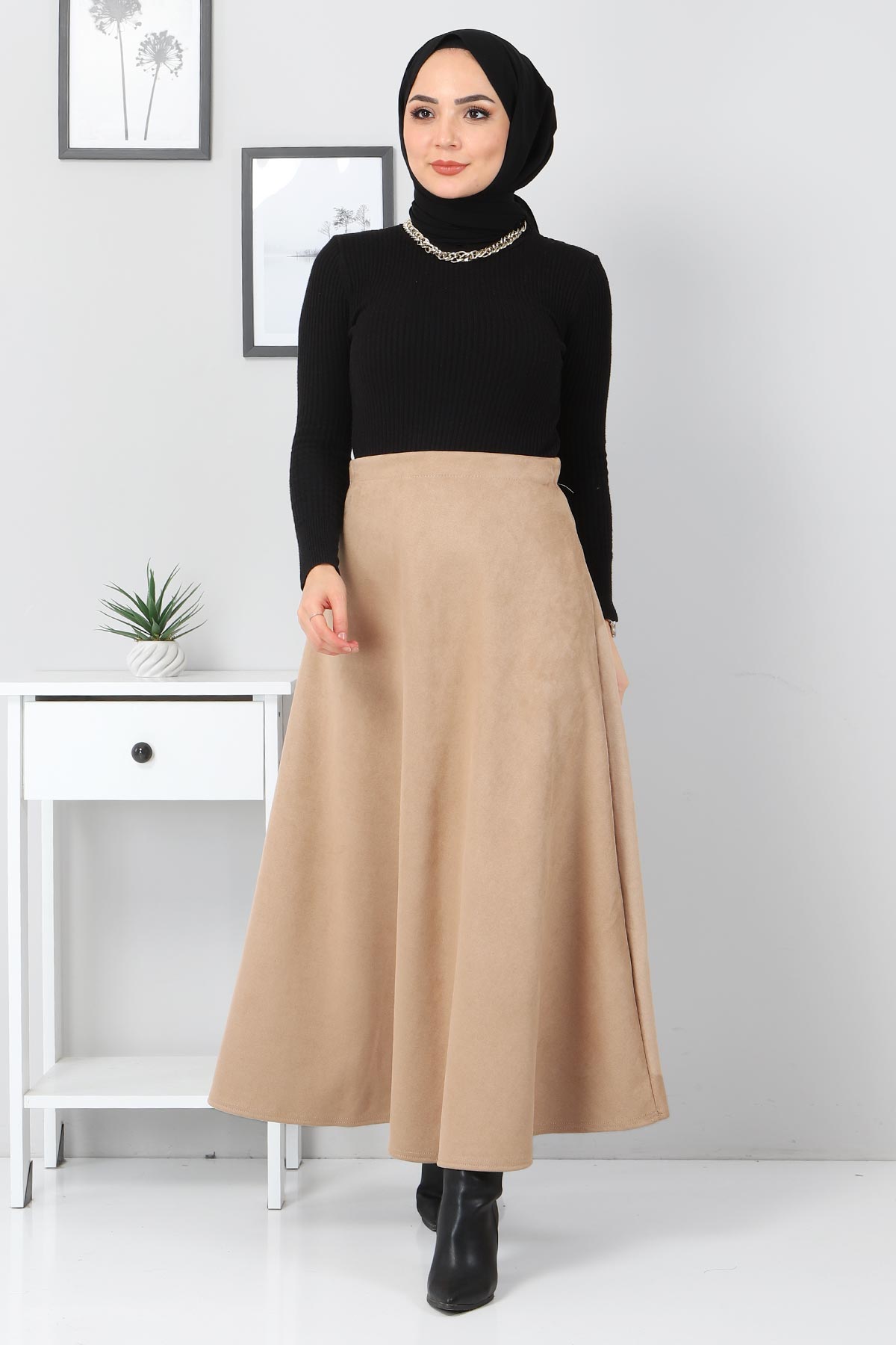 Tesettür Dünyası - Süet Mevlana Etek TSD0036 Camel
