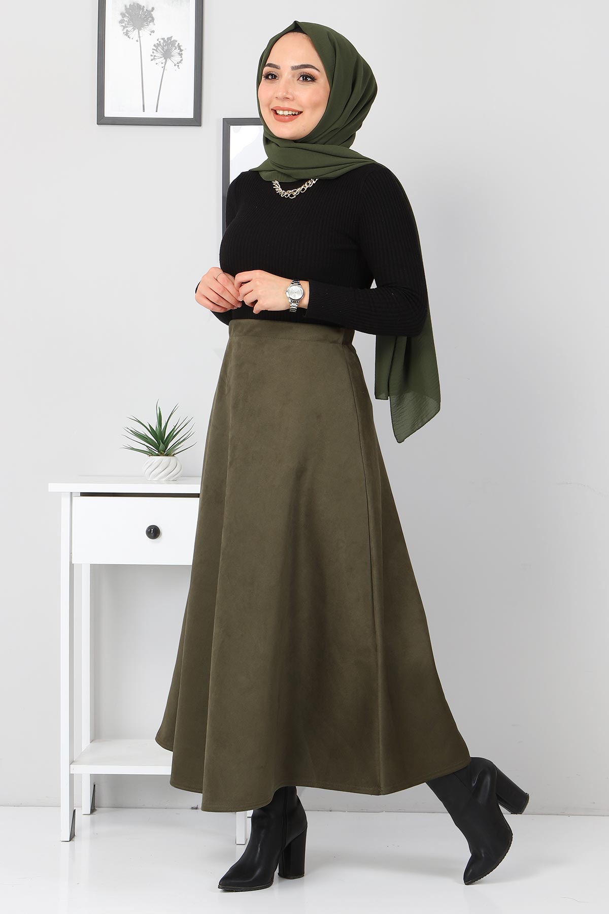 Tesettür Dünyası - Süet Mevlana Etek TSD0036 Haki