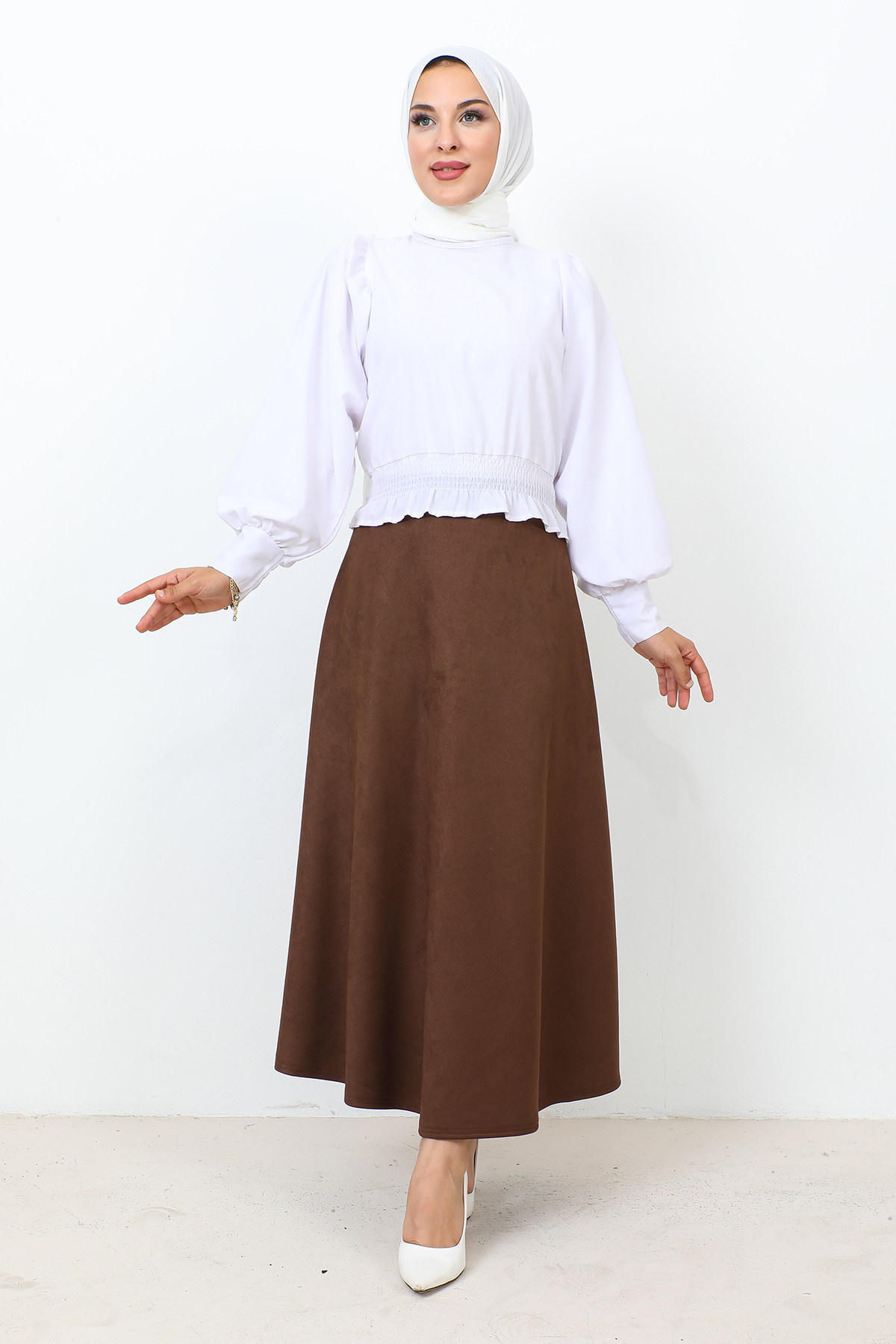 Tesettür Dünyası - Süet Mevlana Etek TSD0036 Kahverengi