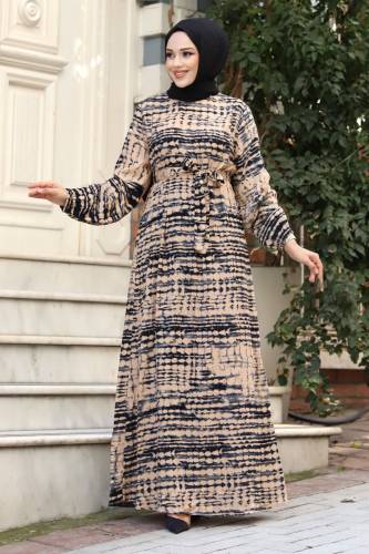 Sulu Boya Desenli Beli Kuşaklı Viskon Elbise TSD240324 