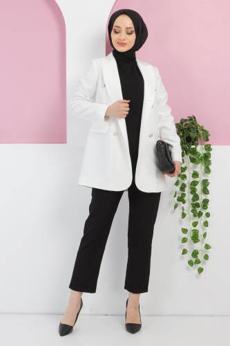 Süs Cep Detaylı Blazer Ceket TSD220411 Beyaz 