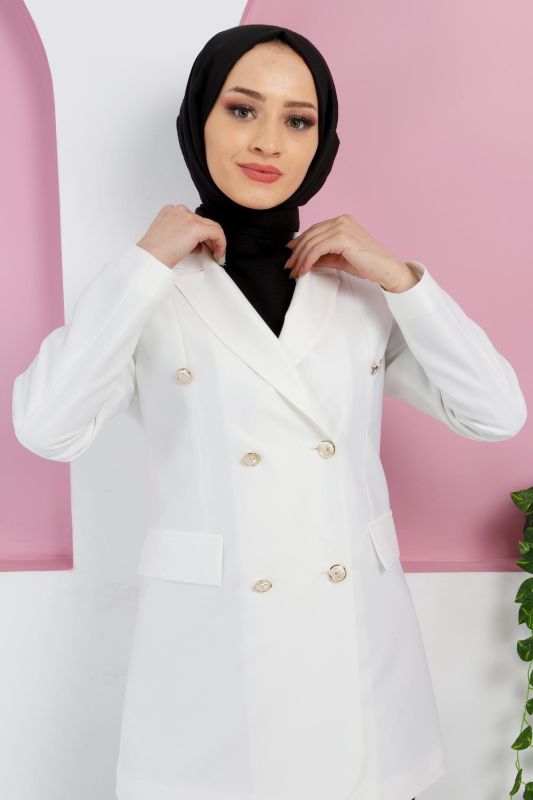 Süs Cep Detaylı Blazer Ceket TSD220411 Beyaz - 2