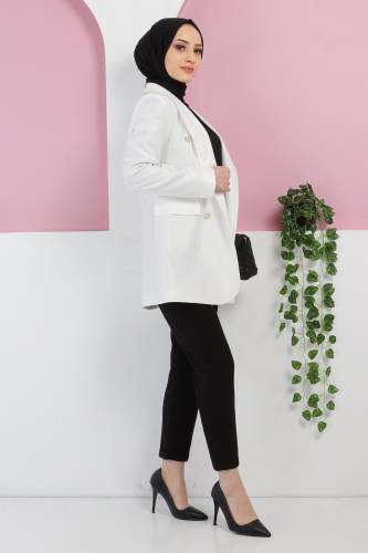 Süs Cep Detaylı Blazer Ceket TSD220411 Beyaz - 3