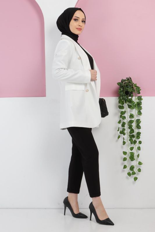 Süs Cep Detaylı Blazer Ceket TSD220411 Beyaz - 3