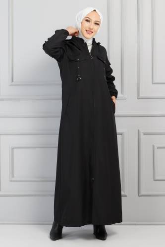 Süs Cep Detaylı Trençkot TSD220308 Siyah - Tesettür Dünyası