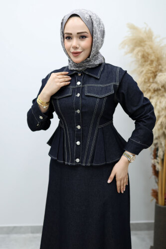 Süs Cepli Belden Oturtmalı Etekli Takım TSD260146 Koyu Mavi - 2