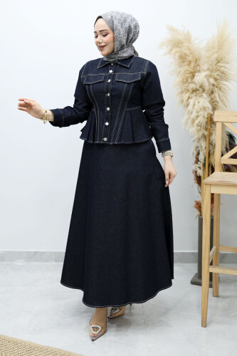 Süs Cepli Belden Oturtmalı Etekli Takım TSD260146 Koyu Mavi - 3