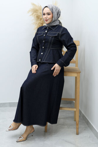 Süs Cepli Belden Oturtmalı Etekli Takım TSD260146 Koyu Mavi - 5