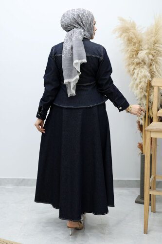 Süs Cepli Belden Oturtmalı Etekli Takım TSD260146 Koyu Mavi - 6