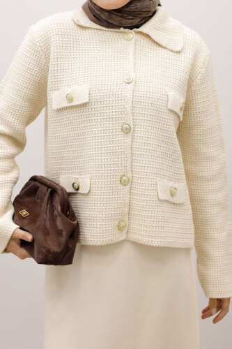 Süs Cepli Triko Hırka TSD250243 Bej - 4