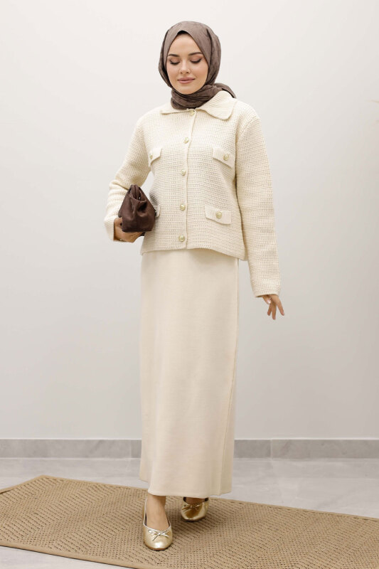 Süs Cepli Triko Hırka TSD250243 Bej - 5