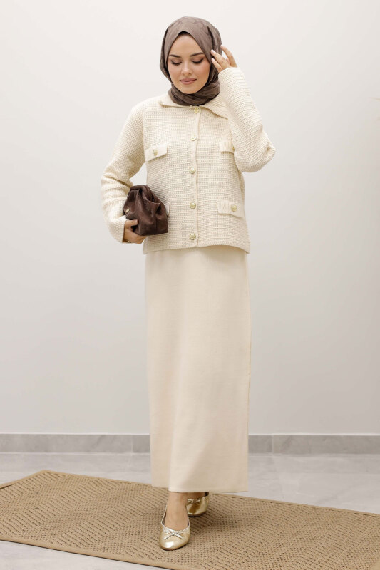 Süs Cepli Triko Hırka TSD250243 Bej - TESETTÜR DÜNYASI (1)