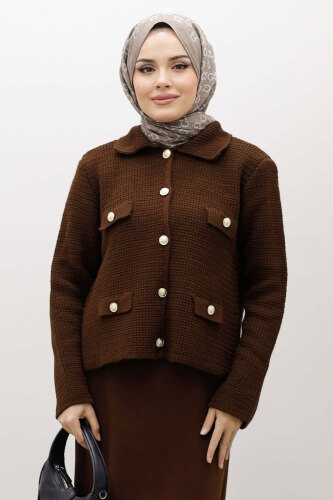 Süs Cepli Triko Hırka TSD250243 Kahverengi 
