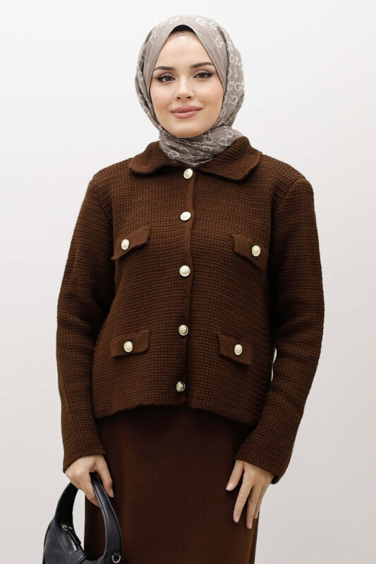 Süs Cepli Triko Hırka TSD250243 Kahverengi - TESETTÜR DÜNYASI