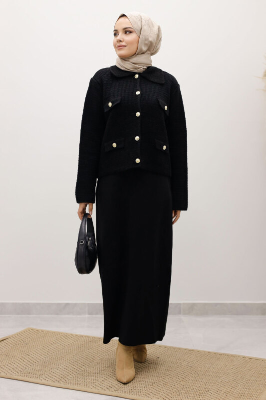 Süs Cepli Triko Hırka TSD250243 Siyah - TESETTÜR DÜNYASI (1)