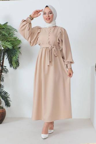 Süs Düğmeli Beli Kuşaklı Tesettür Elbise TSD240250 Bej 