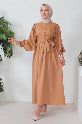 Süs Düğmeli Beli Kuşaklı Tesettür Elbise TSD240250 Taba 