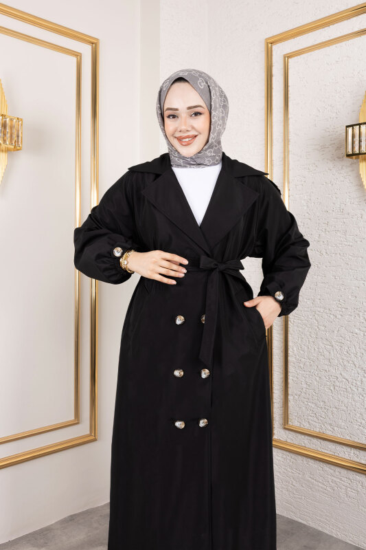 Tam Boy Apolet Detaylı Trençkot TSD250149 Siyah - Tesettür Dünyası (1)