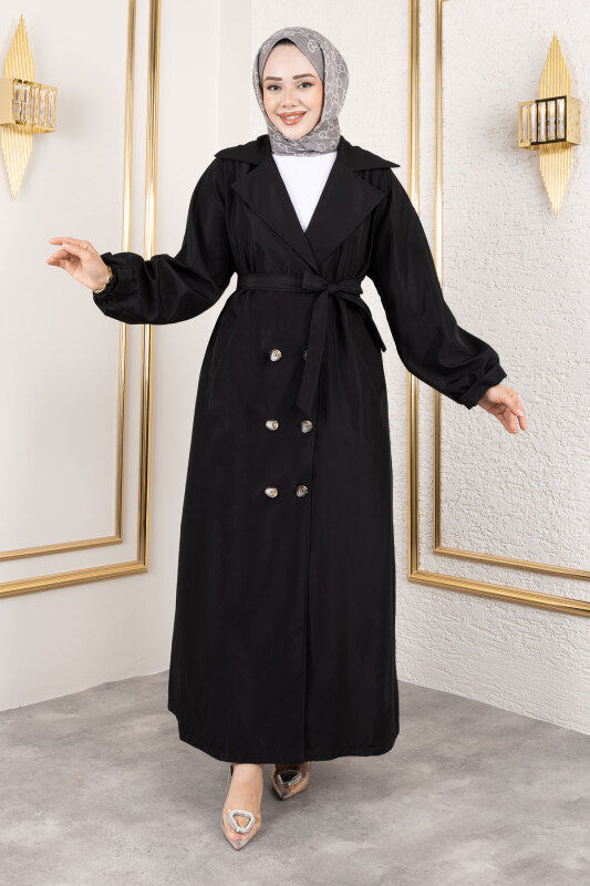 Tam Boy Apolet Detaylı Trençkot TSD250149 Siyah - Tesettür Dünyası