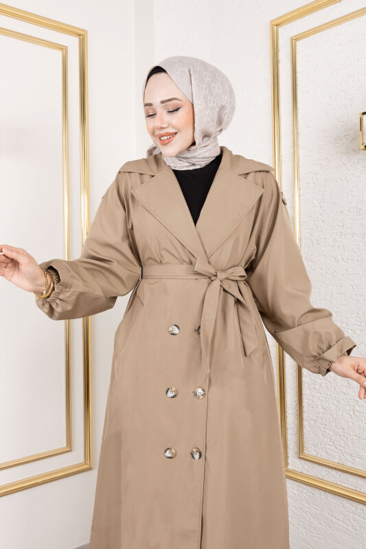 Tam Boy Apolet Detaylı Trençkot TSD250149 Vizon - Tesettür Dünyası (1)