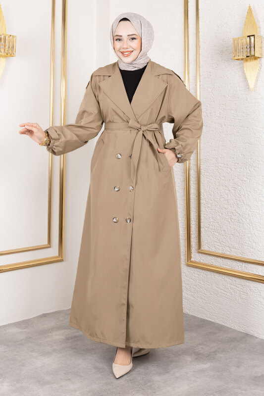 Tam Boy Apolet Detaylı Trençkot TSD250149 Vizon - Tesettür Dünyası