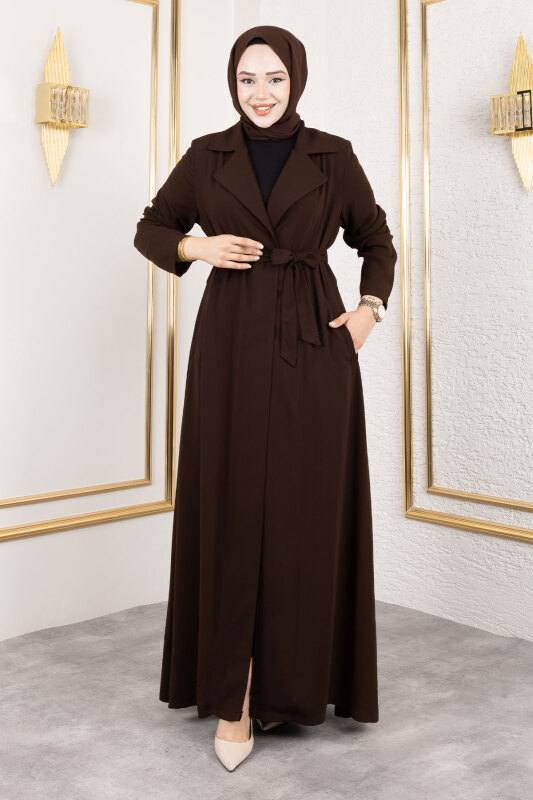 Tam Boy Beli Kuşaklı Kap TSD250201 Kahverengi - Tesettür Dünyası