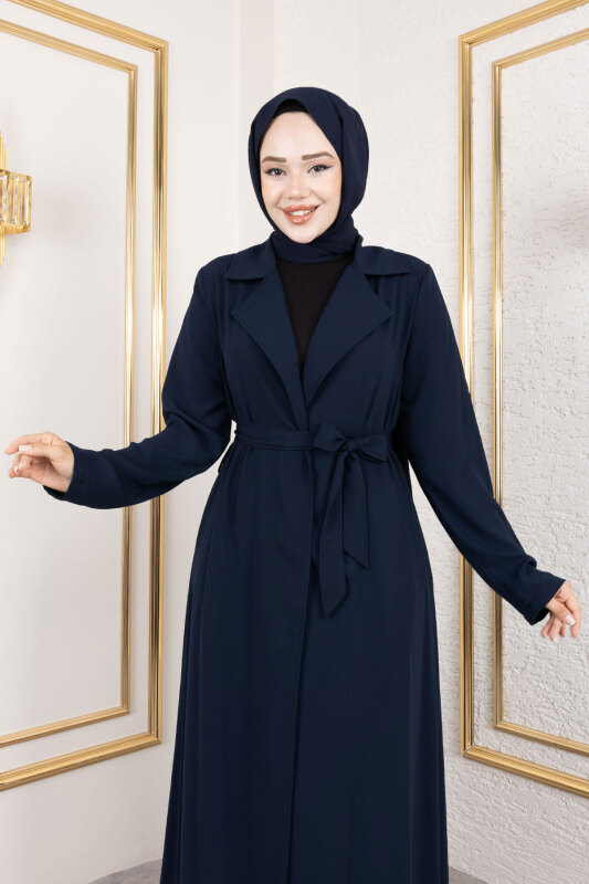 Tam Boy Beli Kuşaklı Kap TSD250201 Lacivert - Tesettür Dünyası (1)