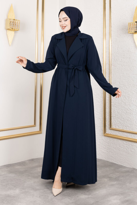 Tam Boy Beli Kuşaklı Kap TSD250201 Lacivert - Tesettür Dünyası